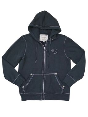 True Religion Big Black T Full-Zip Hoodie Size Med Black White Stitching